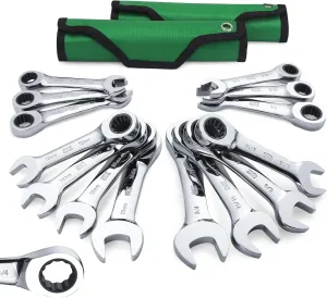 SK Stubby Ratcheting Wrench Set, Combination Wrench Set, 14-Piece, SAE & Metric, 72-Tooth, CR-V Steel, with Rolling Pouch