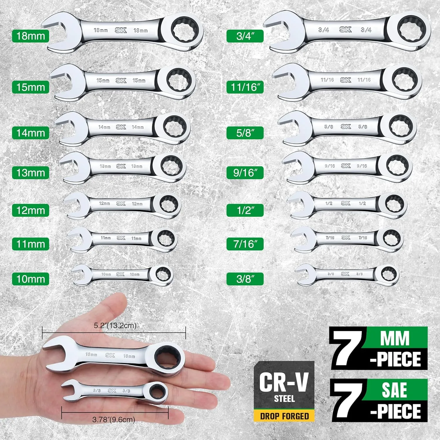 SK Stubby Ratcheting Wrench Set, Combination Wrench Set, 14-Piece, SAE & Metric, 72-Tooth, CR-V Steel, with Rolling Pouch