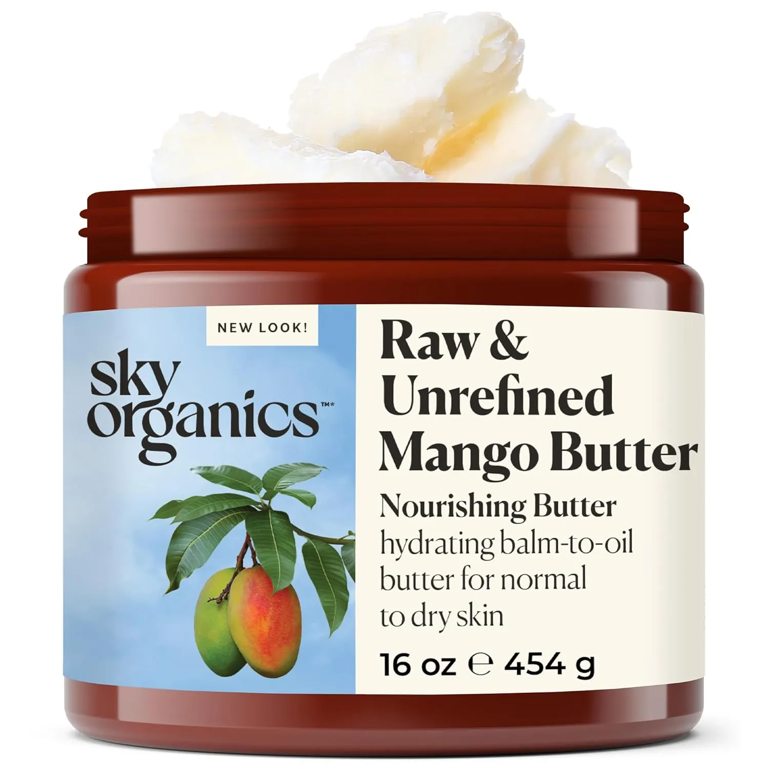 Sky Organics Mango Butter for Body & Face, 100% Raw and Unrefined Nourishing Butter for Light, Daily Hydration and Promotes Soft, Smooth, Heathy-Looking Skin, Suitable for Normal to Dry Skin, 16 Oz
