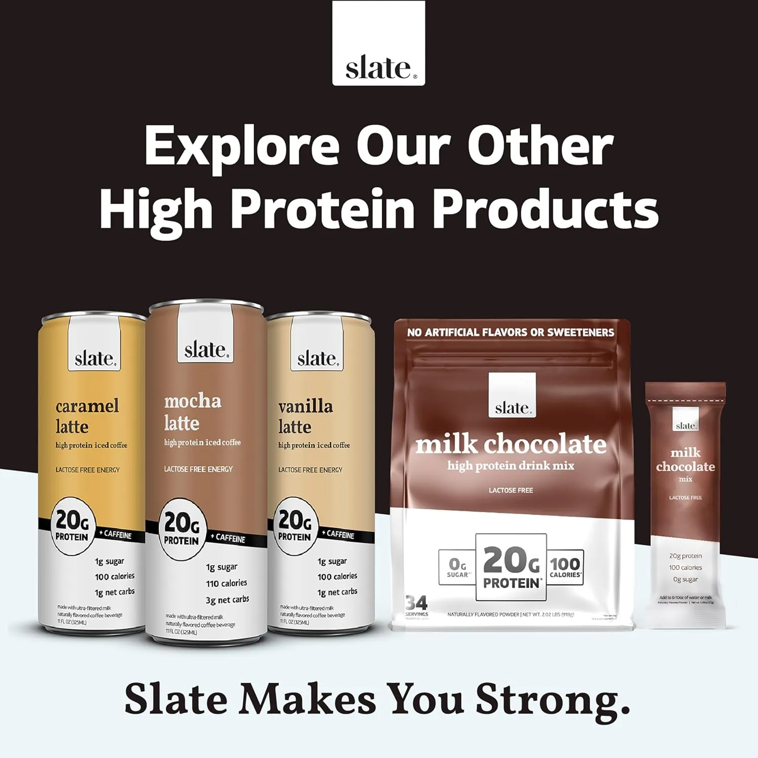 Slate Milk - High Protein Milk Shake - Chocolate Variety Pack - Chocolate, Dark Chocolate, Mocha Latte - Lactose Free, 20g Protein, 1g Sugar, 100-110 Calories, 1-3g Net Carbs - 11 fl oz, 12 Cans