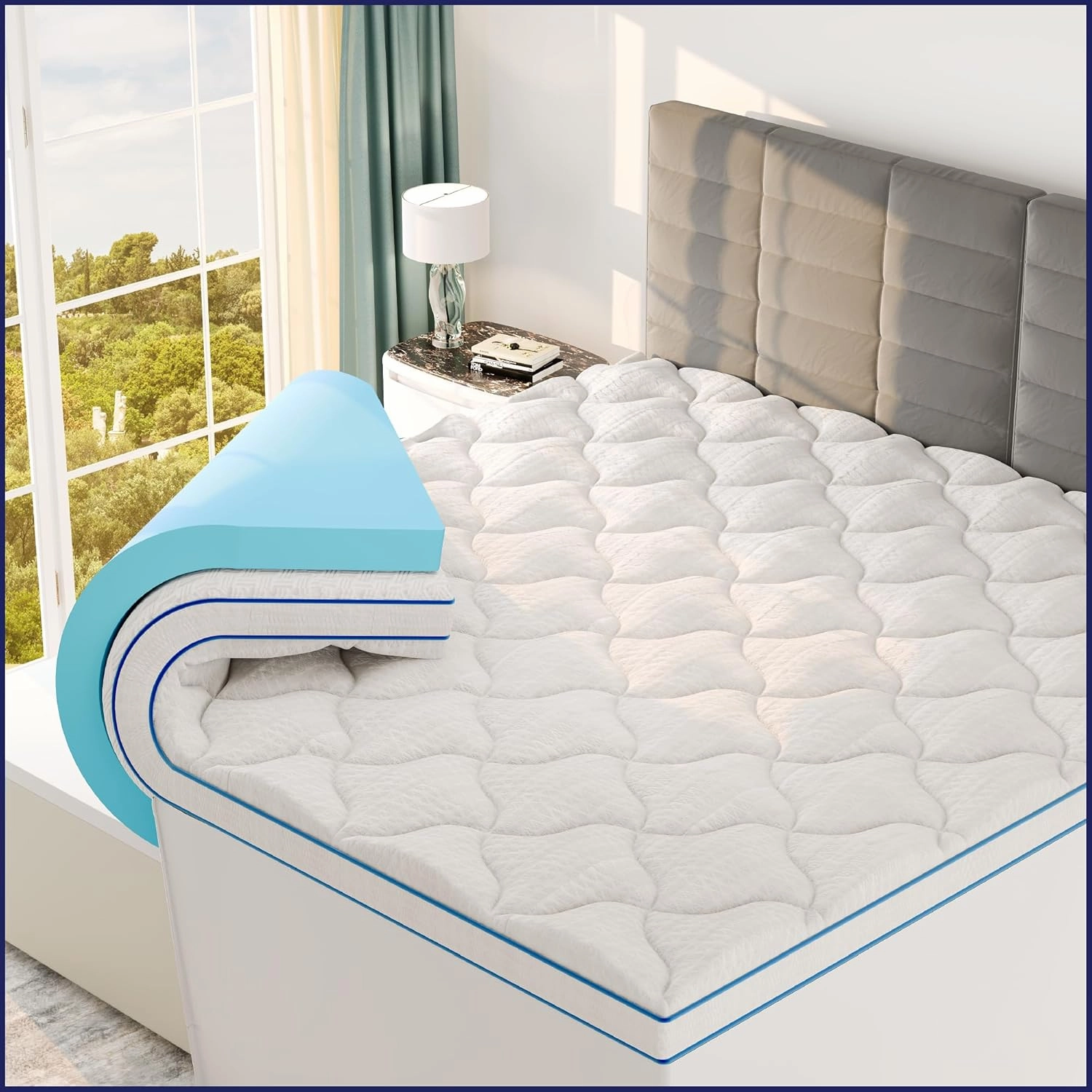 Sleep Lab Dual Layer 4 Inch Memory Foam Mattress Topper - King Size - Cooling for Back Pain - 2 Inch Cooling Gel Memory Foam   2 Inch Cooling Effect Pillow Top