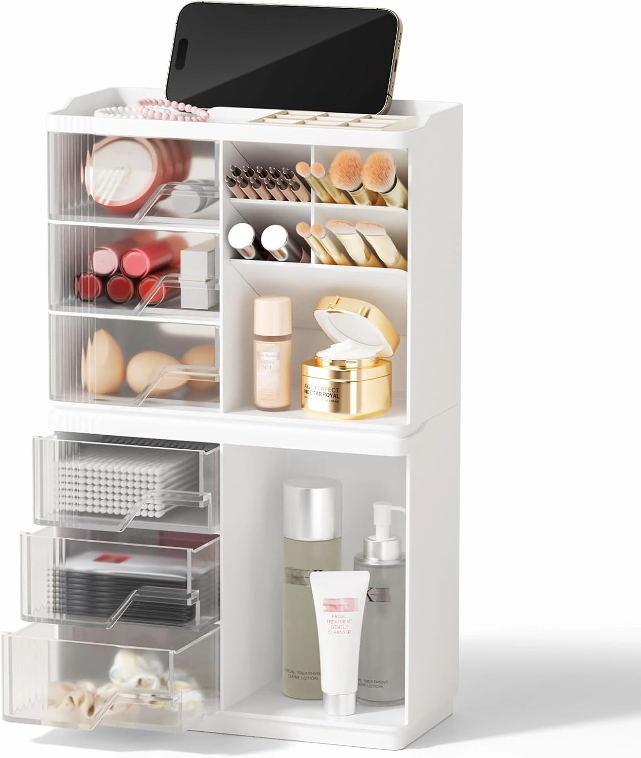 Small Makeup Organizer with Drawers, Stackable Bathroom Couneter Organizer with Phone Holder, Versatile Vanity Organizer Countertop, Cosmetic Organizer for Makeup Brush, Skin Care, Lotion -White,2Pack