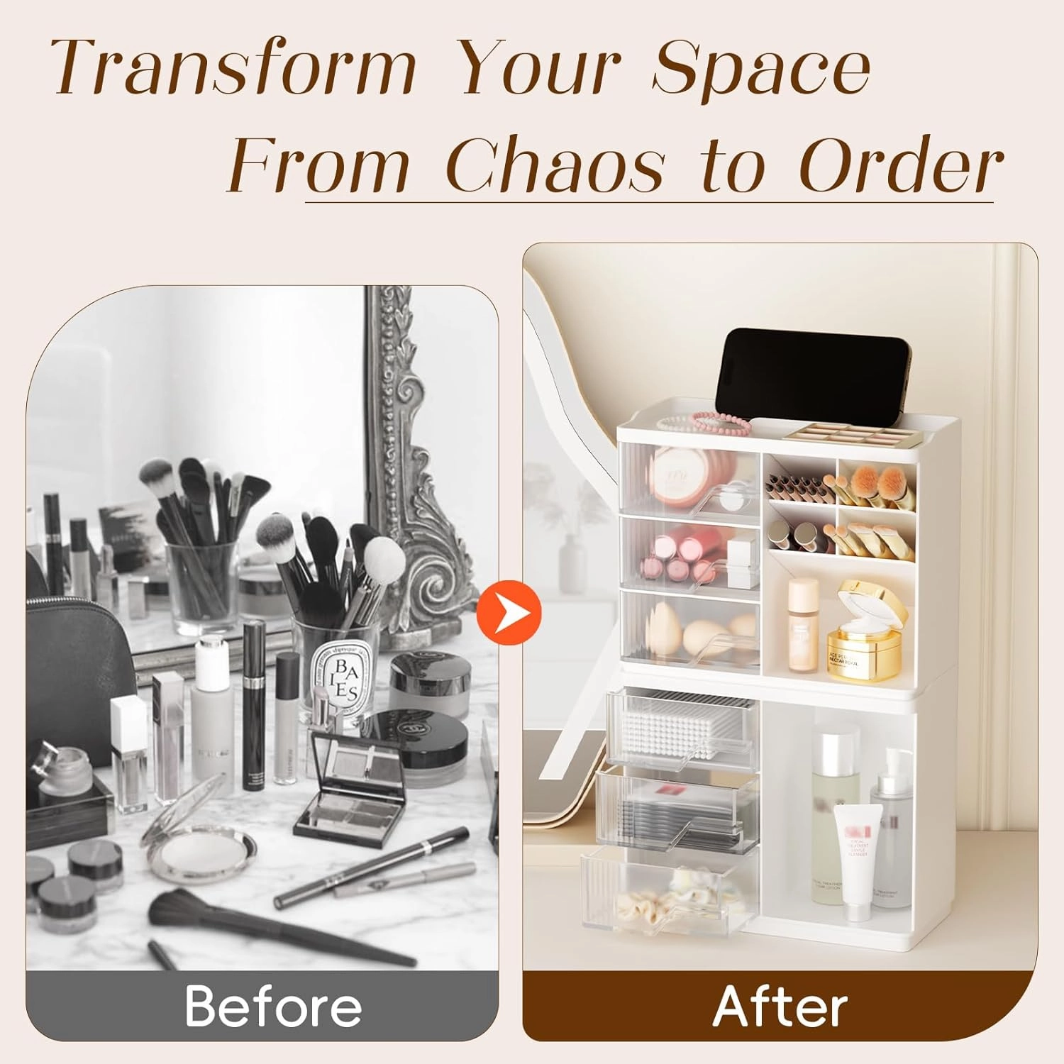 Small Makeup Organizer with Drawers, Stackable Bathroom Couneter Organizer with Phone Holder, Versatile Vanity Organizer Countertop, Cosmetic Organizer for Makeup Brush, Skin Care, Lotion -White,2Pack