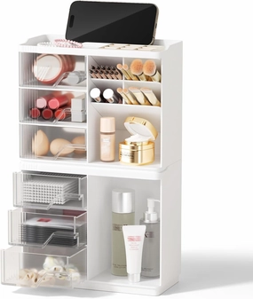 Small Makeup Organizer with Drawers, Stackable Bathroom Couneter Organizer with Phone Holder, Versatile Vanity Organizer Countertop, Cosmetic Organizer for Makeup Brush, Skin Care, Lotion -White,2Pack