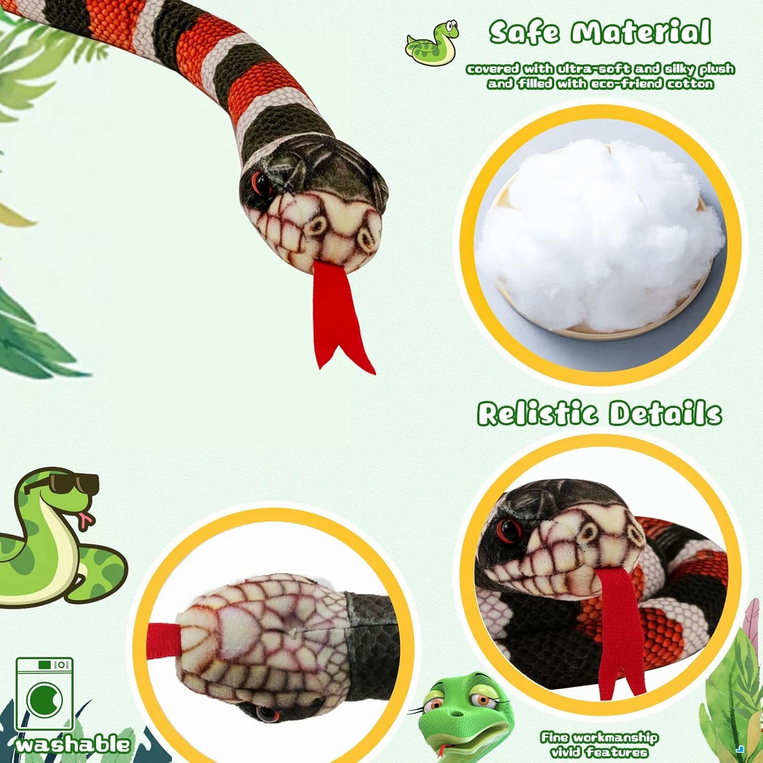 Snake Plush Toy, 59'' Large Washable, Huge Realistic Plush Cuddle Toy, Soft and Cute Kids Gift, Birthday Party Gift Prank Props (Milk Snake)