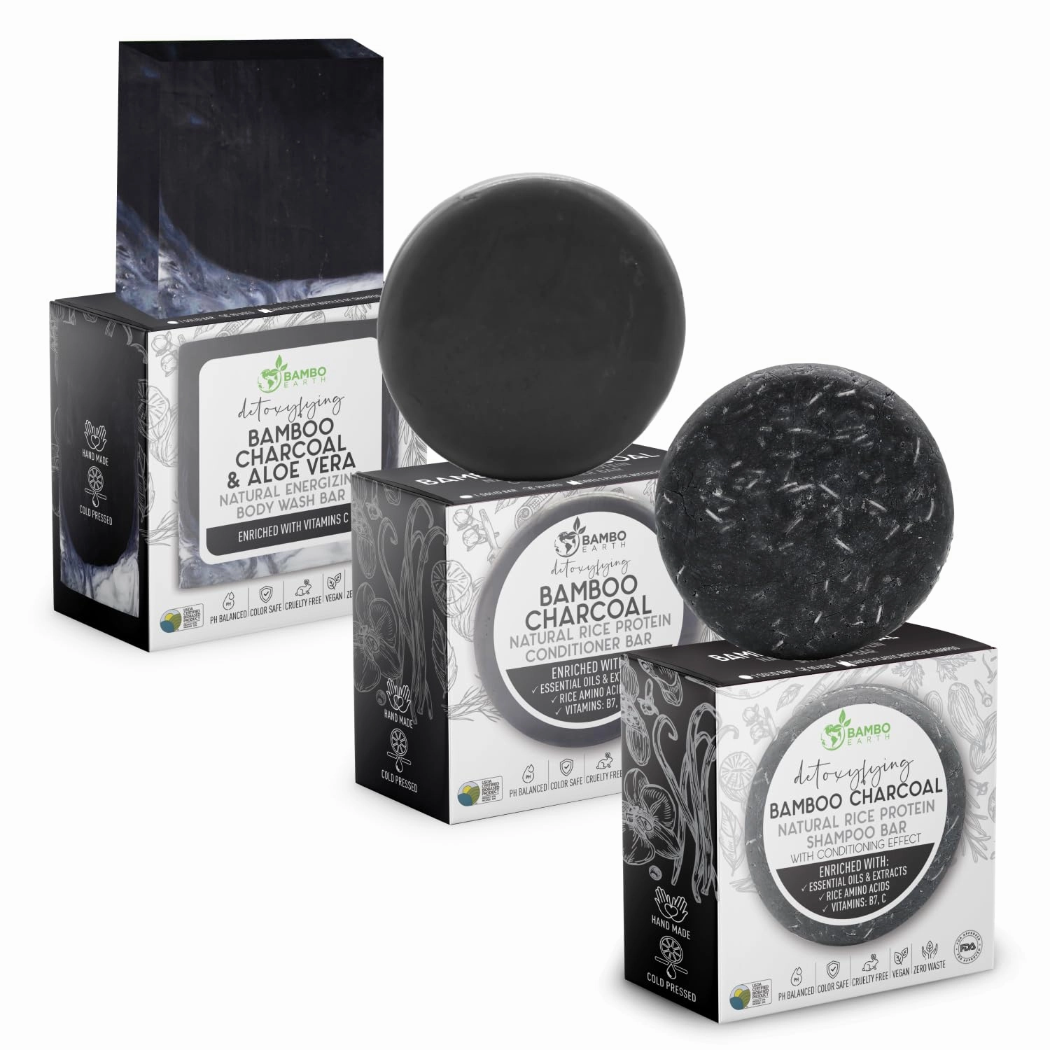 Solid Rice Protein Shampoo, Conditioner and Body Wash Bundle | Shampoo, Conditioner & Wash Bars For Hair and Body w/All Natural Essential Oils & Zero Waste Packaging (Bamboo Charcoal & Aloe)