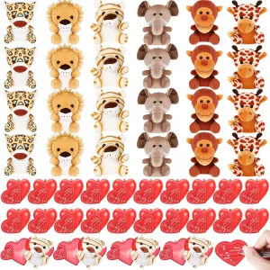 Sosation 48 Pcs Valentine's Day Mini Stuffed Animal with Heart Cards Animals Plush Toy Keychain Heart Box for Valentine Day Party Exchange Prize