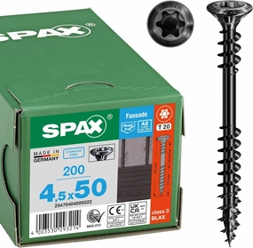 SPAX Facade Screw, 4.5 x 50 mm, Pack of 100, Stainless Steel A2 Blax, Fixing Thread, T-Star Plus T20, Raised Countersunk Head, 4CUT - 25470404505022