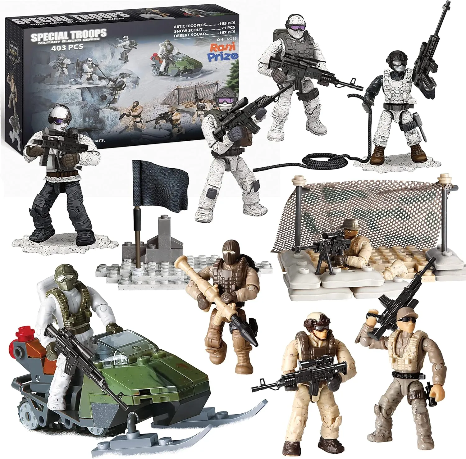 Special Forces Mini Action Figures Includes 3 Army Building Sets with 9 soldiers Arctic Troopers Snowmobile Scout Desert Squad Special Troops Toy Gifts 10  Kids & parents - Quality Family Time 403 Pcs