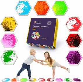 Special Supplies Hexagon Floor Liquid Tiles for Kids, Set of 9, Colorful Early Learning Activity Mats for Toddlers and Children, Anti-Slip Backing for Active Play, Dance, and Games