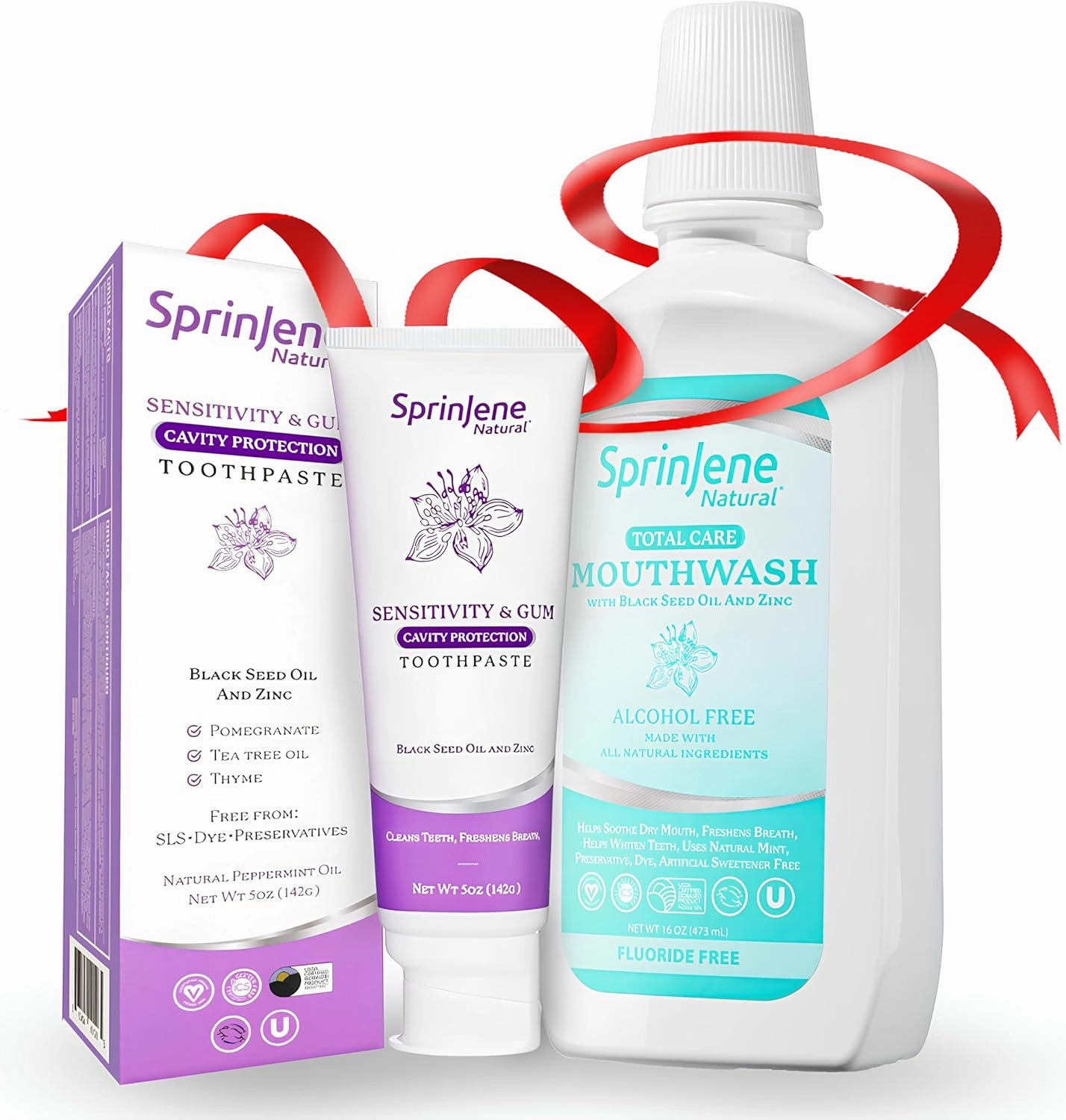 SprinJene Natural Sensitivity & Gum, Fluoride Toothpaste for Sensitive Teeth (1 Pack)   Fluoride Free & Alcohol Free Mouthwash