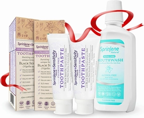SprinJene Natural Sensitivity Relief, Fluoride Free Toothpaste for Sensitive Teeth (2 Pack)   Fluoride Free & Alcohol Free Mouthwash