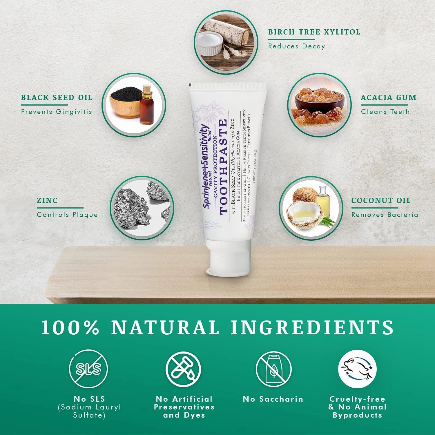 SprinJene Natural Sensitivity Relief, Fluoride Toothpaste for Sensitive Teeth | Natural Toothpaste for Cavity Protection | 4 Pack