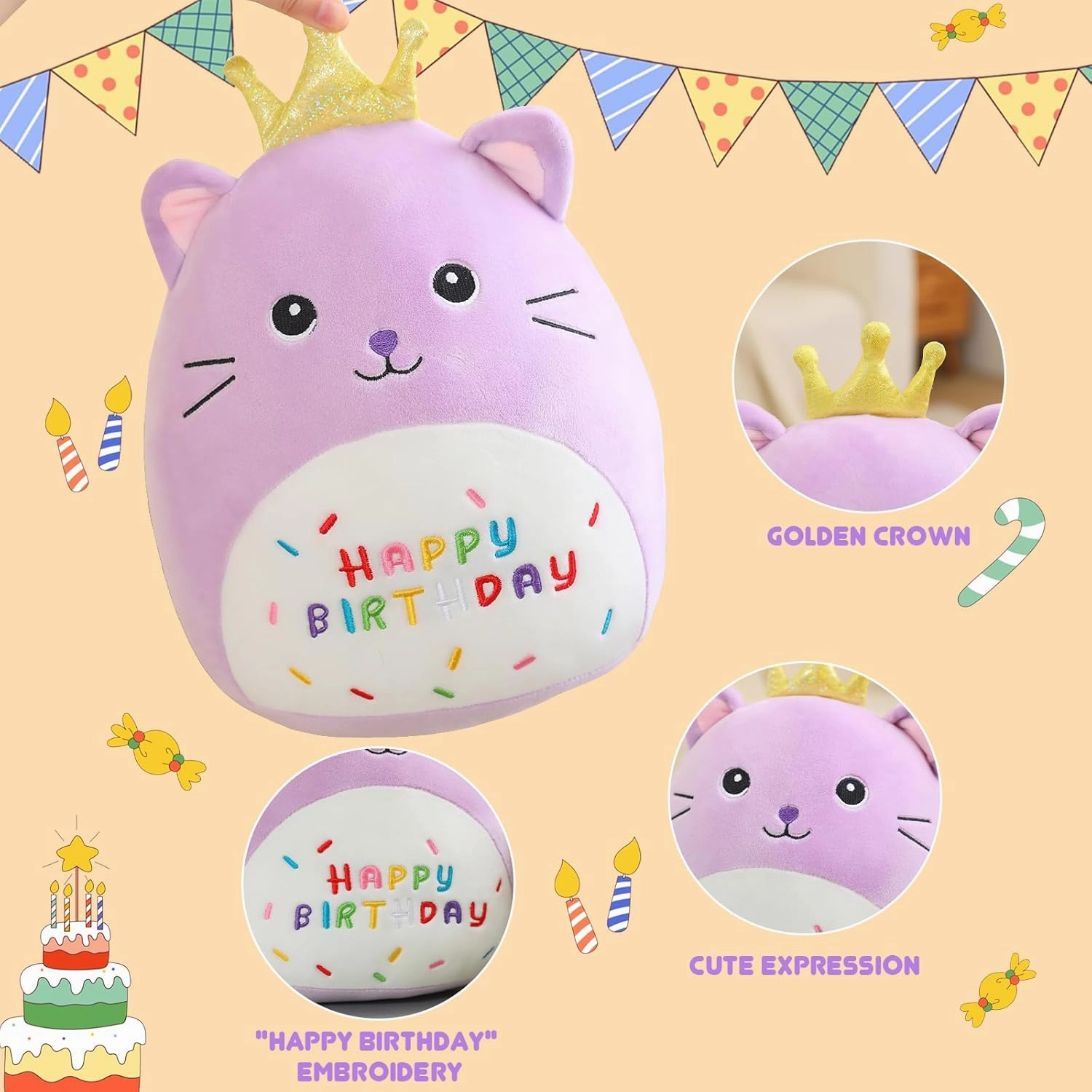 SQEQE Cat Stuffed Animal Kawaii Cat Plushie with Golden Crown Soft Kitty Stuffed Toy Birthday Party Decoration Gift for Kids Girls Boys(Purple Caticorn,10 Inch)