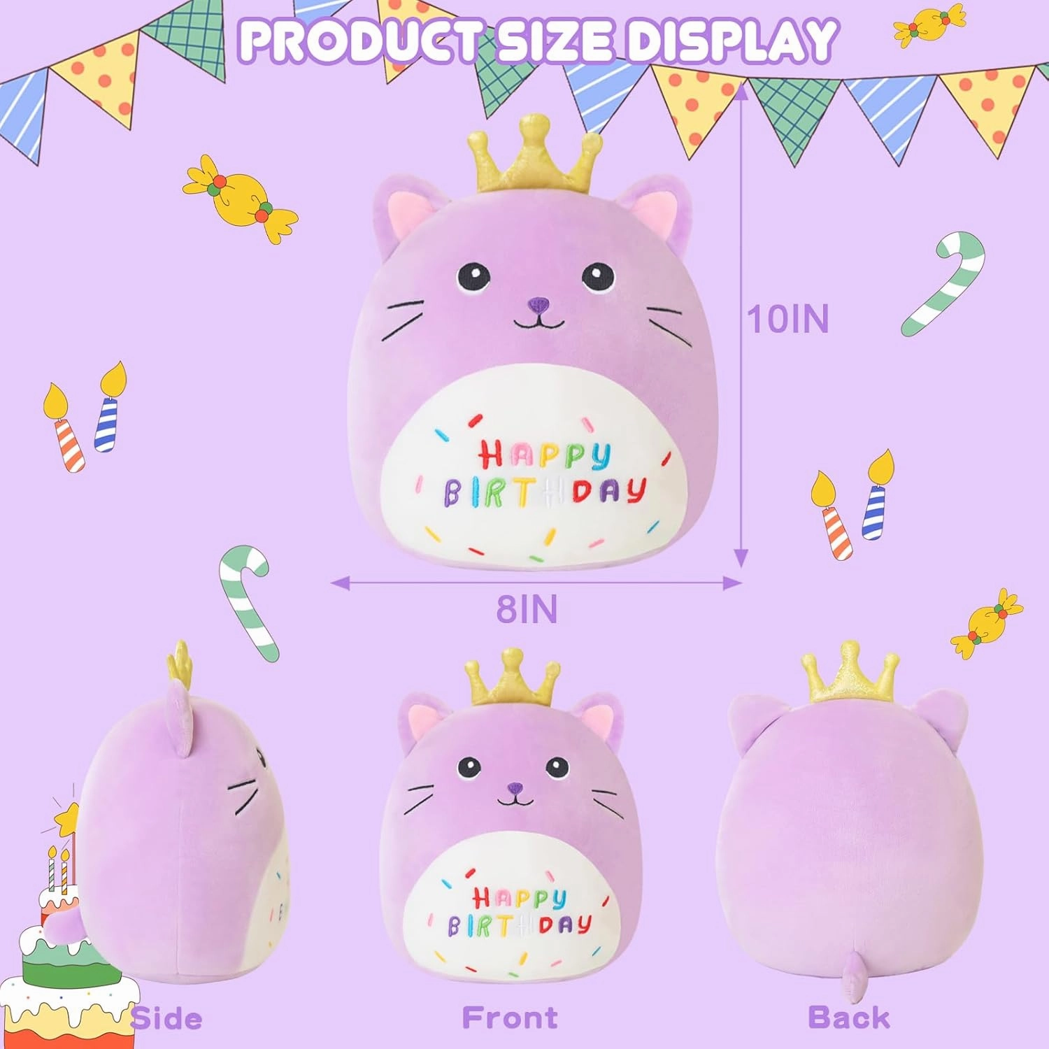 SQEQE Cat Stuffed Animal Kawaii Cat Plushie with Golden Crown Soft Kitty Stuffed Toy Birthday Party Decoration Gift for Kids Girls Boys(Purple Caticorn,10 Inch)