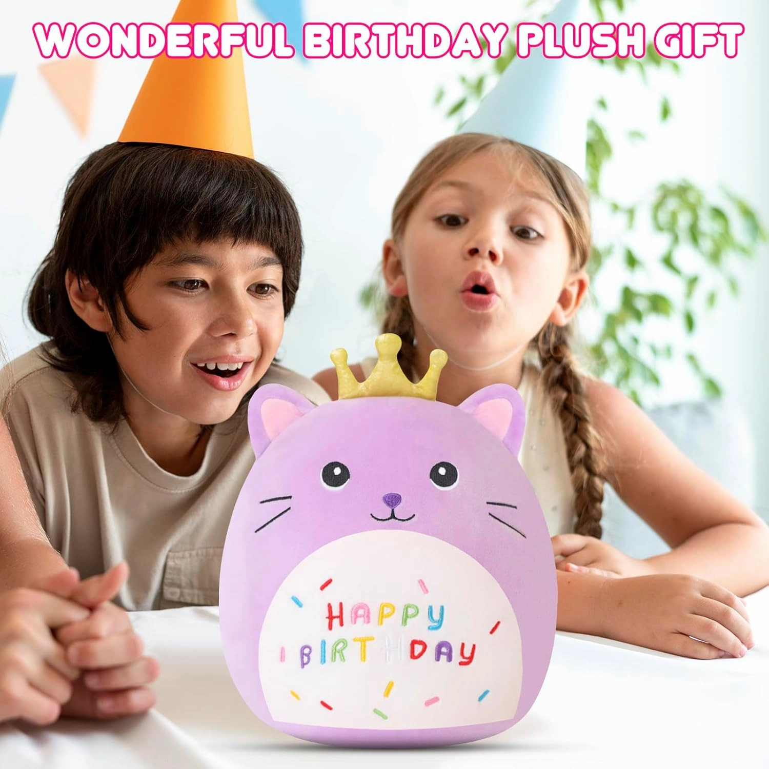 SQEQE Cat Stuffed Animal Kawaii Cat Plushie with Golden Crown Soft Kitty Stuffed Toy Birthday Party Decoration Gift for Kids Girls Boys(Purple Caticorn,10 Inch)