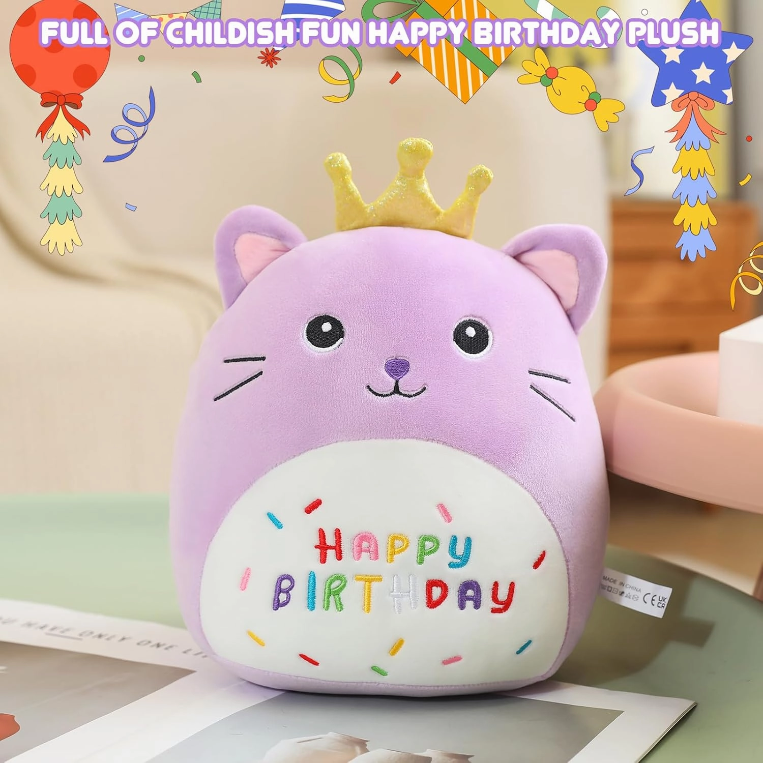 SQEQE Cat Stuffed Animal Kawaii Cat Plushie with Golden Crown Soft Kitty Stuffed Toy Birthday Party Decoration Gift for Kids Girls Boys(Purple Caticorn,10 Inch)