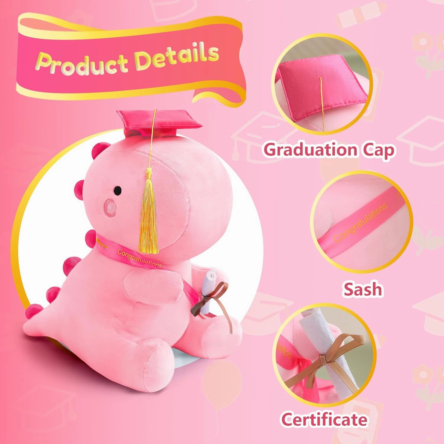SQEQE Graduation Dinosaur Stuffed Animal Class of 2025, Pink Graduation Dinosaur Plush with Pink Cap Commemorative Graduation Decoration Gift for Preschool Kindergarten High School College