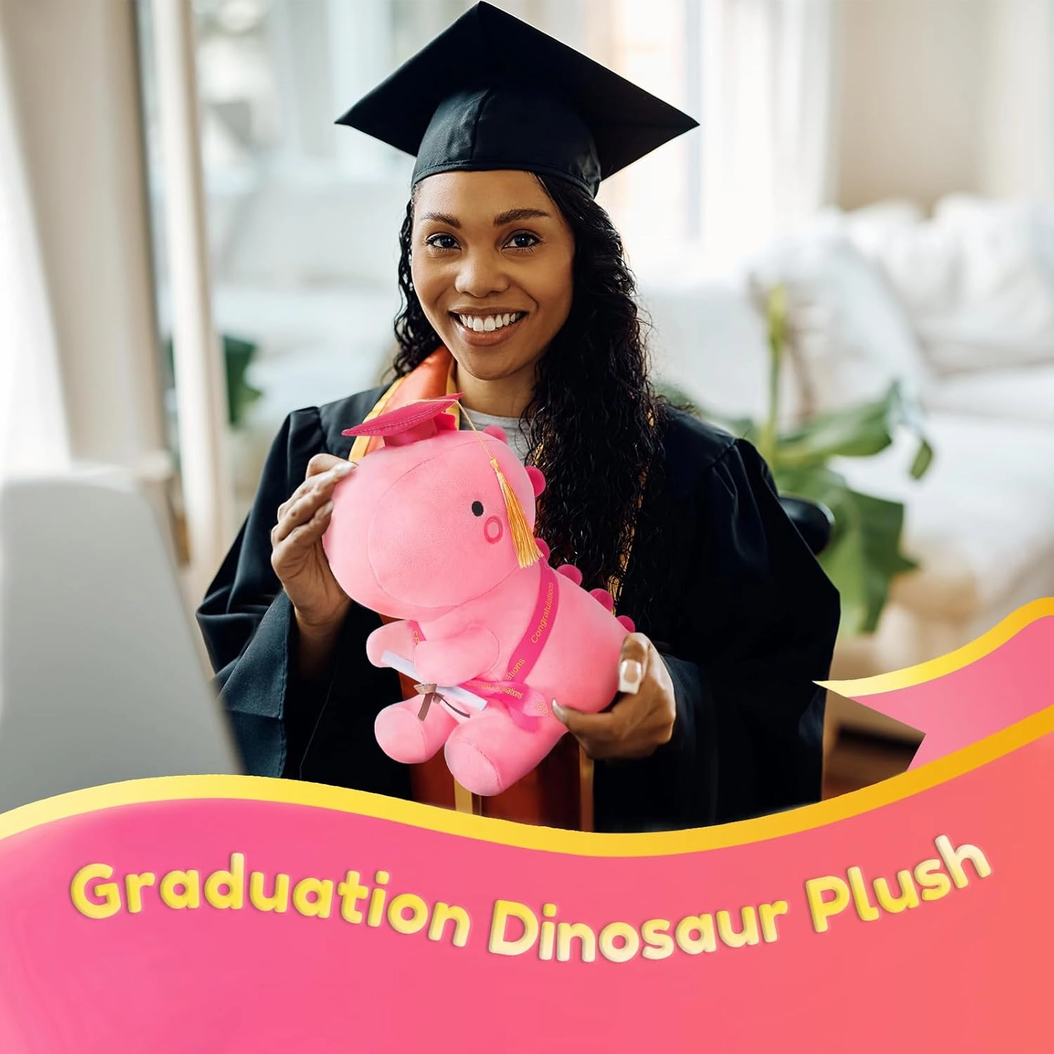SQEQE Graduation Dinosaur Stuffed Animal Class of 2025, Pink Graduation Dinosaur Plush with Pink Cap Commemorative Graduation Decoration Gift for Preschool Kindergarten High School College