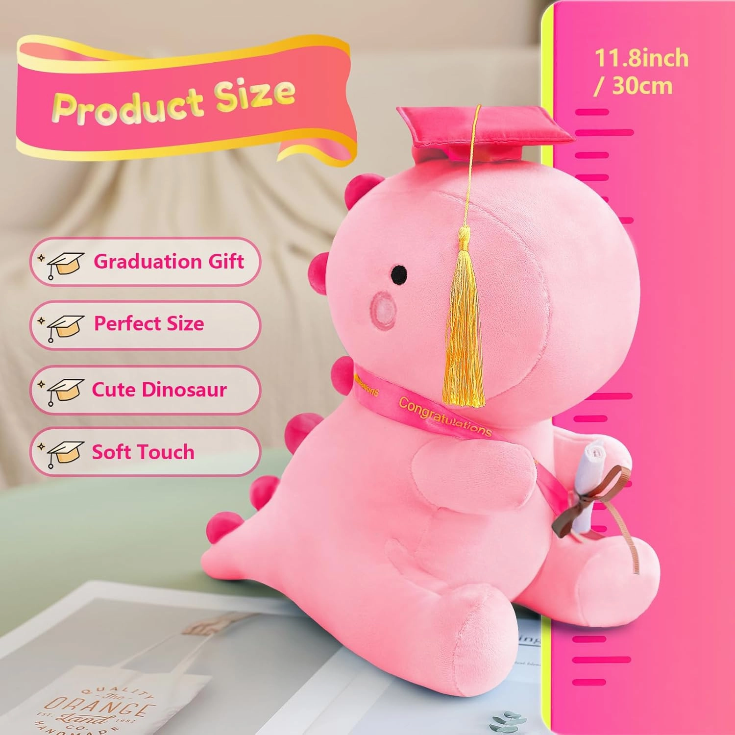 SQEQE Graduation Dinosaur Stuffed Animal Class of 2025, Pink Graduation Dinosaur Plush with Pink Cap Commemorative Graduation Decoration Gift for Preschool Kindergarten High School College