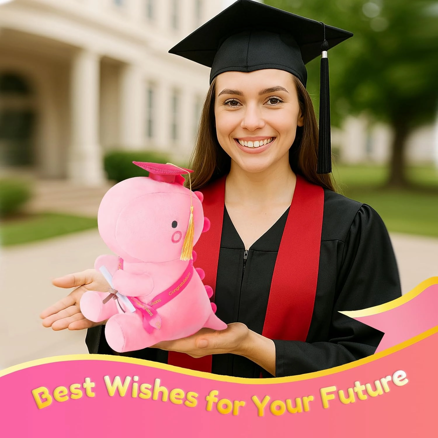 SQEQE Graduation Dinosaur Stuffed Animal Class of 2025, Pink Graduation Dinosaur Plush with Pink Cap Commemorative Graduation Decoration Gift for Preschool Kindergarten High School College