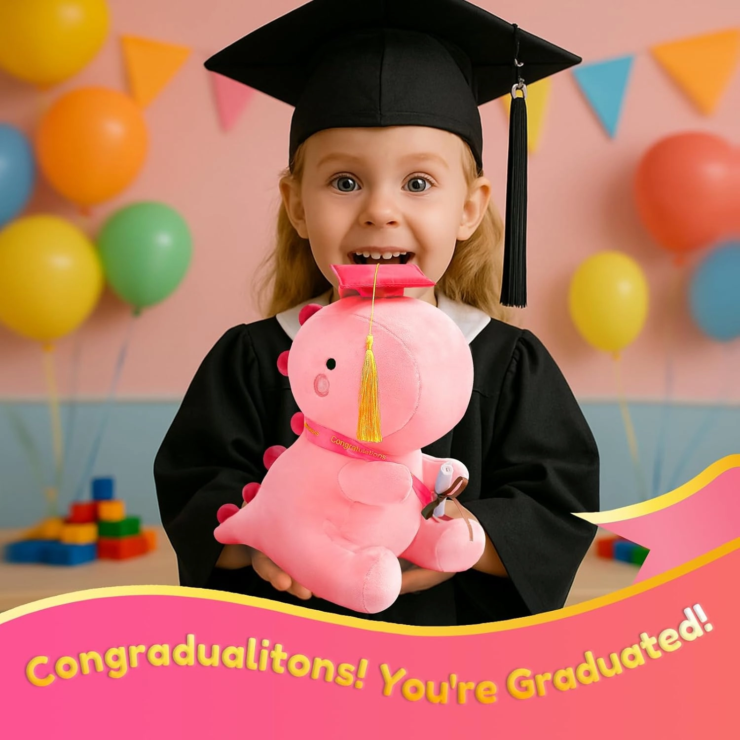 SQEQE Graduation Dinosaur Stuffed Animal Class of 2025, Pink Graduation Dinosaur Plush with Pink Cap Commemorative Graduation Decoration Gift for Preschool Kindergarten High School College