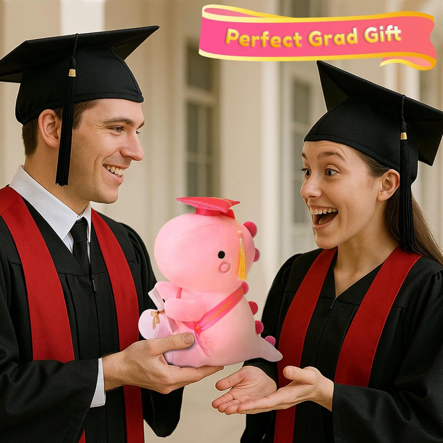 SQEQE Graduation Dinosaur Stuffed Animal Class of 2025, Pink Graduation Dinosaur Plush with Pink Cap Commemorative Graduation Decoration Gift for Preschool Kindergarten High School College