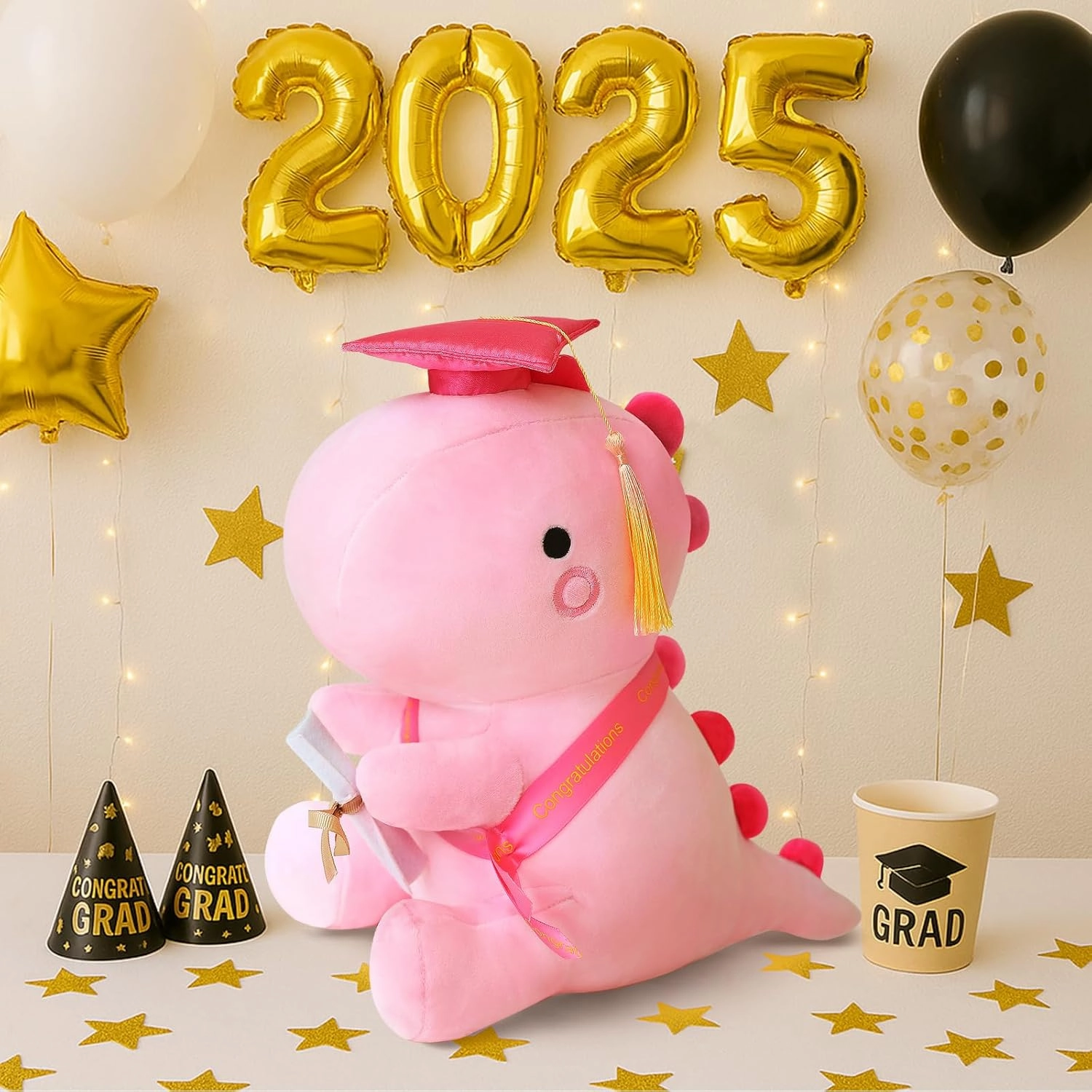 SQEQE Graduation Dinosaur Stuffed Animal Class of 2025, Pink Graduation Dinosaur Plush with Pink Cap Commemorative Graduation Decoration Gift for Preschool Kindergarten High School College