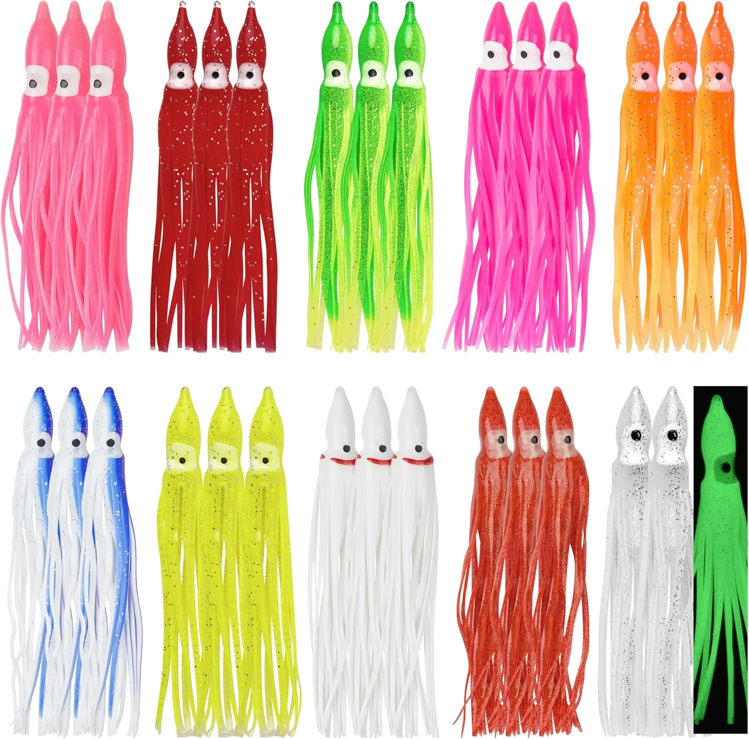 Squid Skirts Octopus Lures, 50pcs Octopus Skirts Soft Plastic Lure Multicolor Luminous Squid Baits for Bass Salmon Trout 5cm,7cm 9cm,12cm