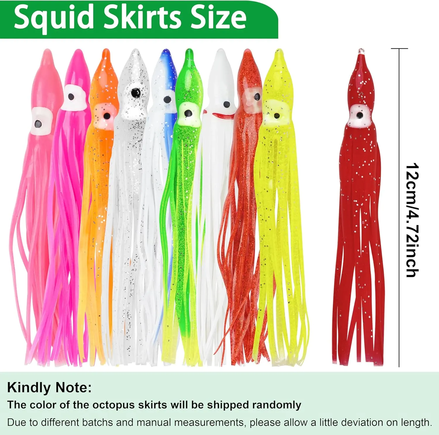 Squid Skirts Octopus Lures, 50pcs Octopus Skirts Soft Plastic Lure Multicolor Luminous Squid Baits for Bass Salmon Trout 5cm,7cm 9cm,12cm