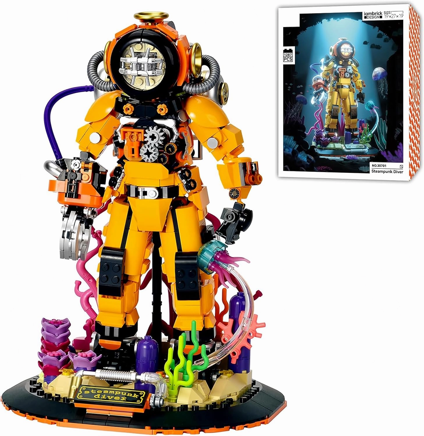 Steampunk Deep Sea Diver Building Set, 1286 Pieces, Light-Up Display Model, Collector's Home Decor