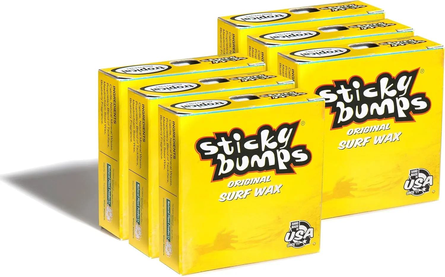 Sticky Bumps Original tropical surf wax- 6 Pack | Long-Lasting Surfboard Wax | Great Bump Building for Surfing | Non-Toxic, Nature-Safe | For Surfboard surf wax. For Temps 75°F / 28°C and above.
