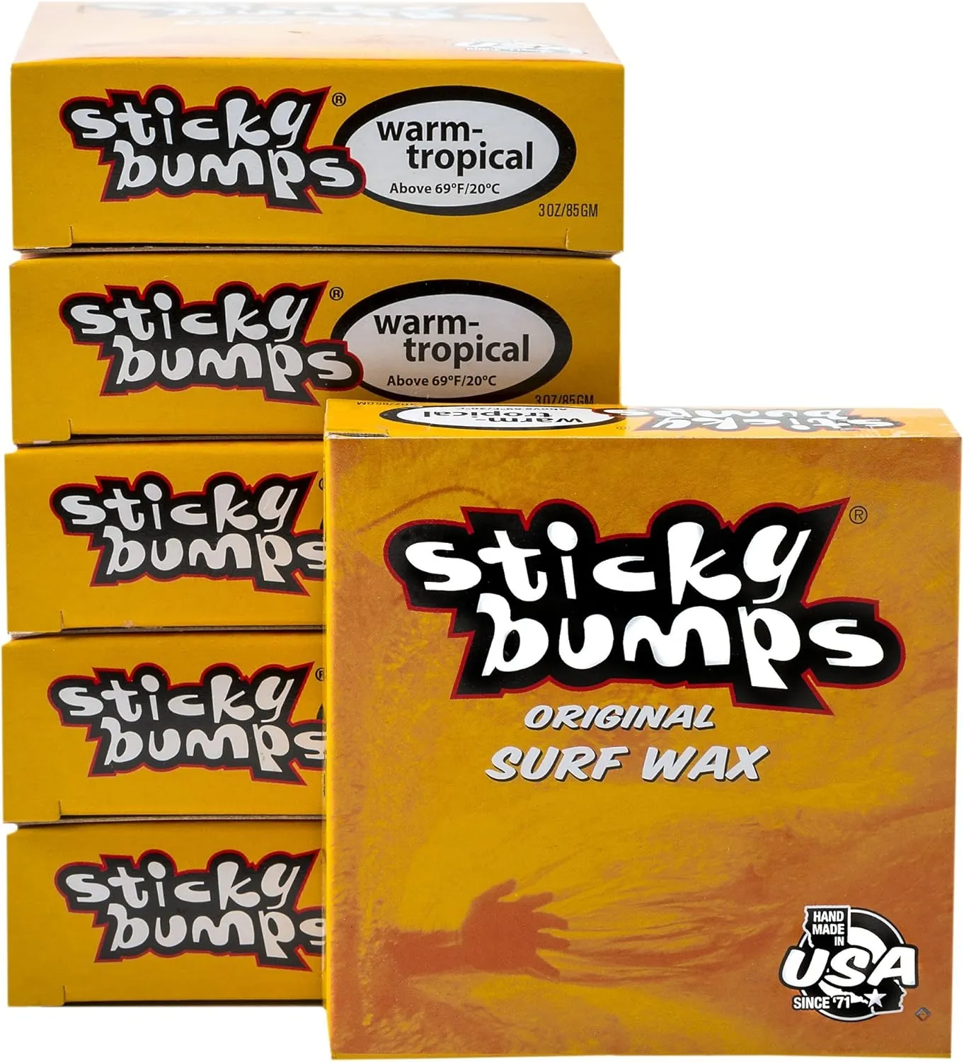 Sticky Bumps Warm/Tropical Surf Wax - 6 Pack | Long-Lasting Surfboard Wax | Great Bump Building for Surfing | Non-Toxic, Nature-Safe | Warm Water Surf Wax for Temps 69°F/20°C and Above