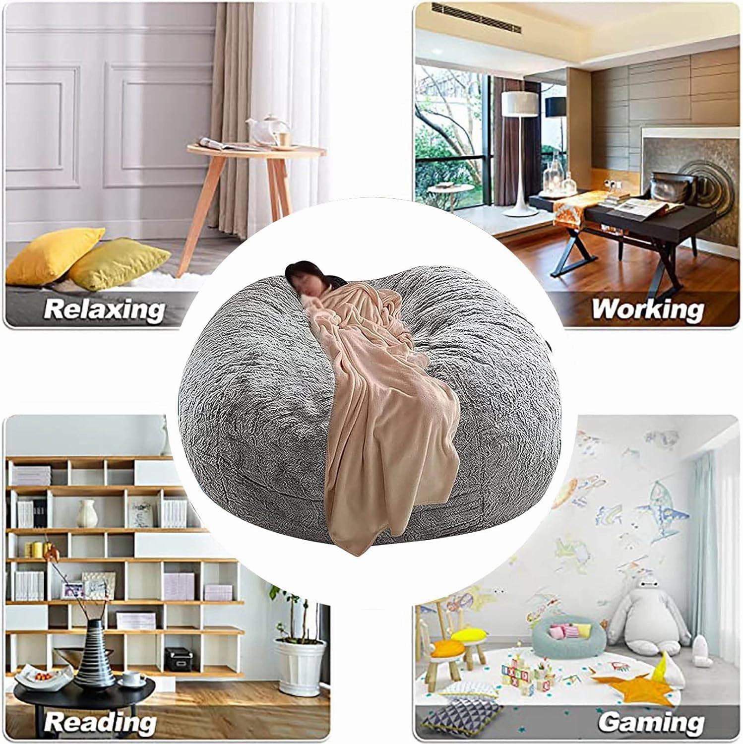 Storage Bean Bag Chair Cover(No Filler) for Organizing Plush Toys Or Textile，Pv Fleece Washable Large Bean Bag Chairs Cover for Adults for Living Room Bedroom Furniture (Light Grey, 5FT)