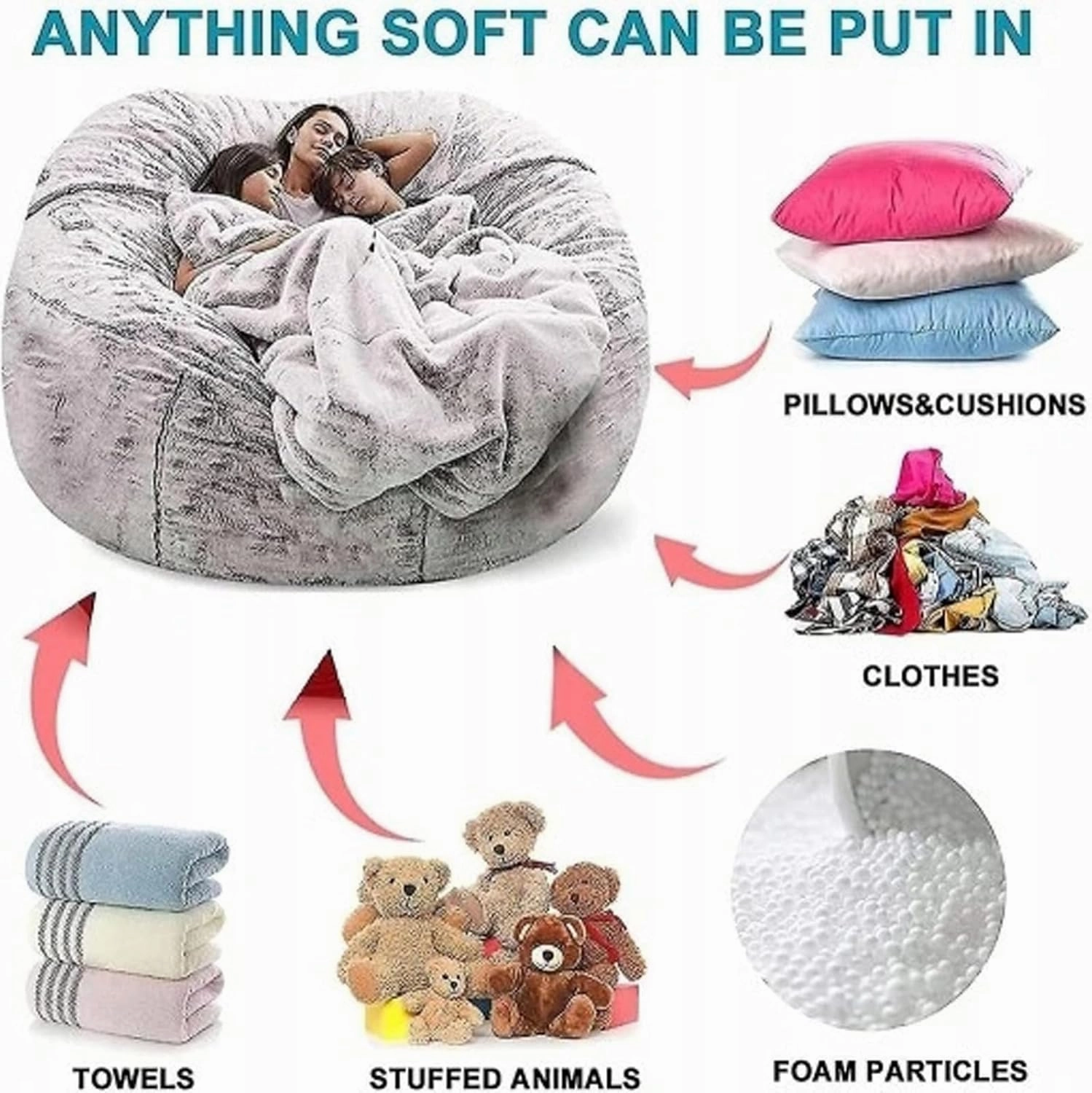 Storage Bean Bag Chair Cover(No Filler) for Organizing Plush Toys Or Textile，Pv Fleece Washable Large Bean Bag Chairs Cover for Adults for Living Room Bedroom Furniture (Light Grey, 5FT)