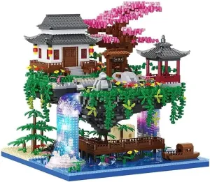 Street View Peach Blossom Pool Tree Building Blocks Set, 3320 Pcs Chinese Architecture Creative Micro DIY Bricks Model Kit, Construction Toy