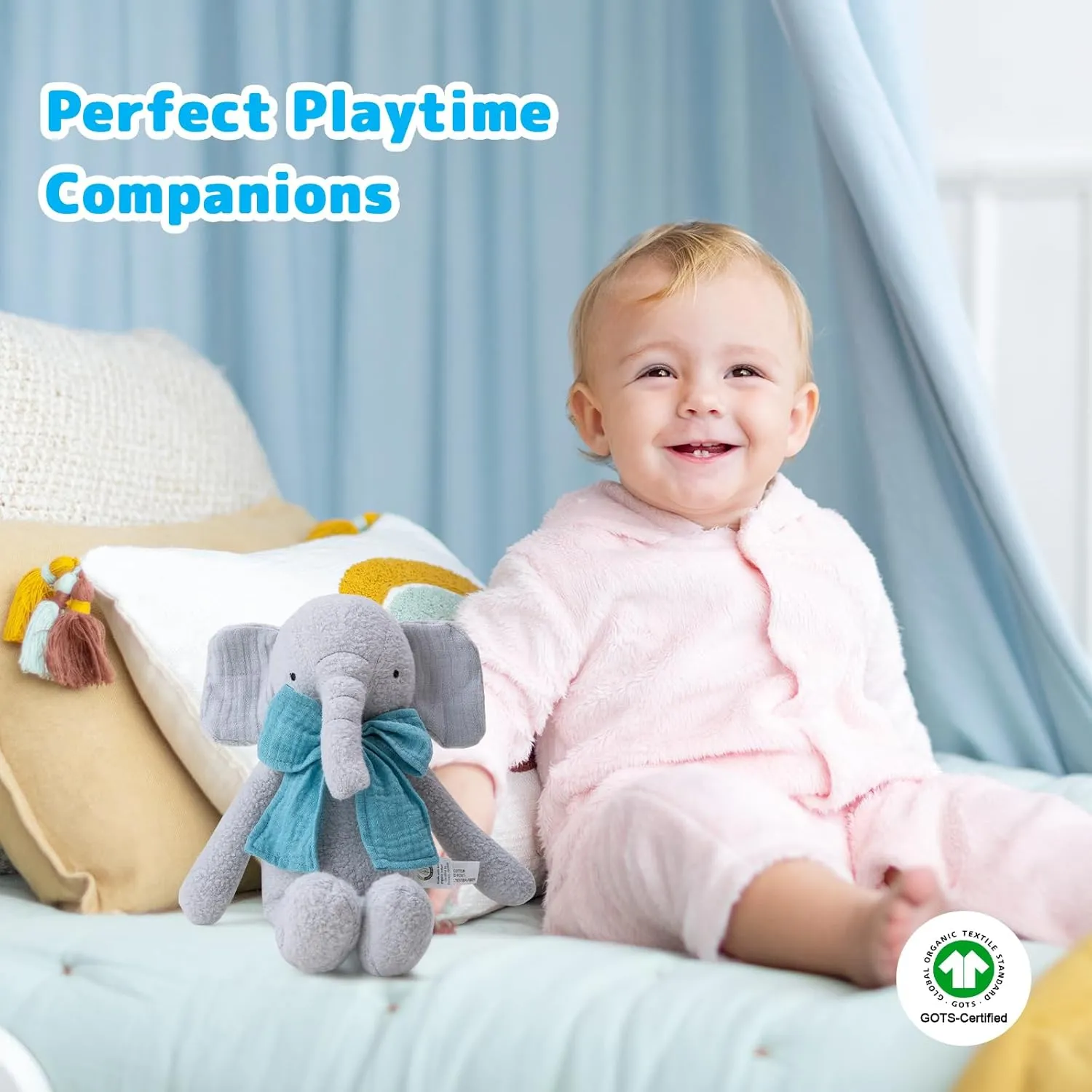 Stuffed Animal Organic Cotton Baby Plush Toys, 9” Organic Sitting Elephant with Rattle Soft Cuddly Toy for Boys and Girls