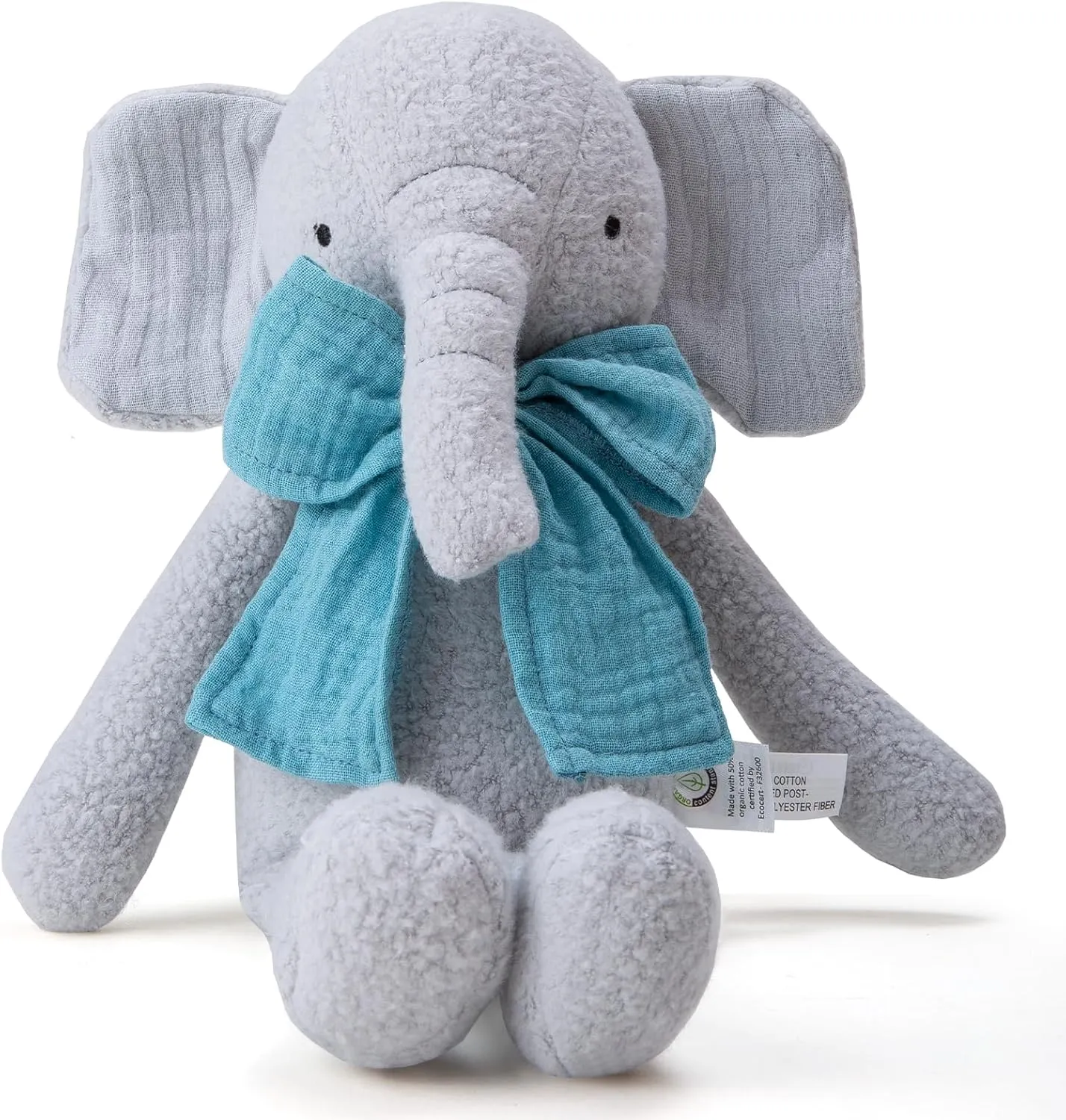 Stuffed Animal Organic Cotton Baby Plush Toys, 9” Organic Sitting Elephant with Rattle Soft Cuddly Toy for Boys and Girls