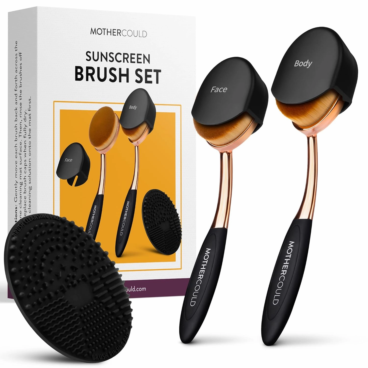 Sunscreen Brush Set - Lotion Applicator for Kids, Babies, Families, and Adults | Safe for Face & Body | Travel-Friendly Design with Protective Caps & Cleaning Mat (2 Pack) (Black)