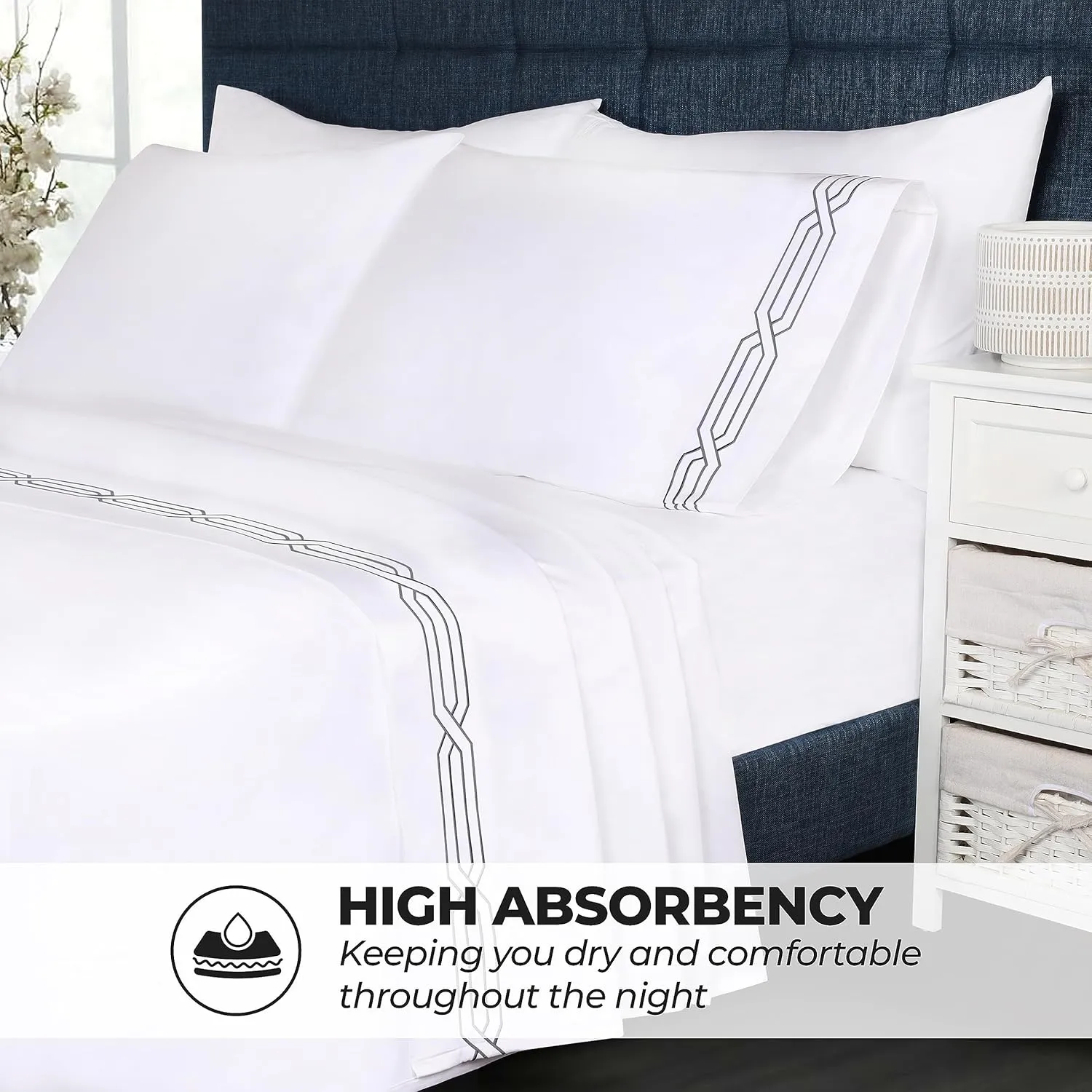 Superior Egyptian Cotton 4 Piece Sheet Set, Luxury 1200 Thread Count, Eco-Friendly, Sustainable Sheets, Soft Basics, Solid, Deep Pocket Fitted Sheet, Flat Sheet, Pillowcases, King, White-Navy Blue
