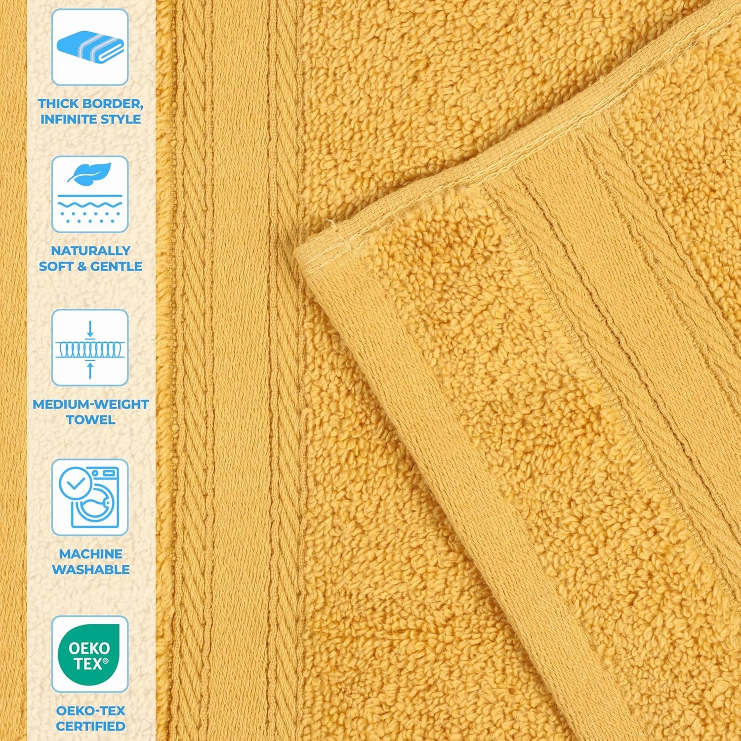 Superior Belmont Zero Twist Cotton Medium Weight Towels, for Kitchen, Bathroom, Shower, Spa, Plush, Quick Dry, Ultra-Soft Towels, Bath Essentials, Thick Border, Absorbent Hand Towels, Set of 6, Gold