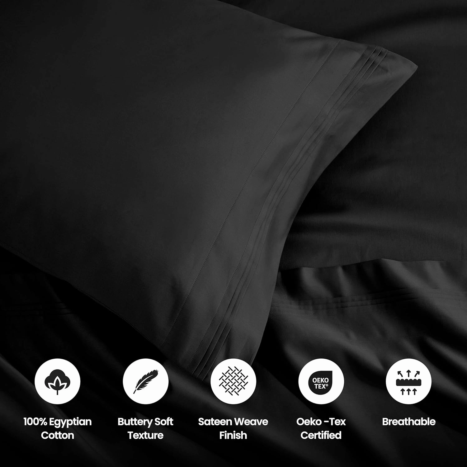 Superior Egyptian Cotton 4 Piece Sheet Set, Luxury 1500 Thread Count, Modern Design, Sustainable Sheets, Ultra-Soft Basics, Solid, Deep Pocket Fitted Sheet, Flat Sheet, Pillowcases, Queen, Black
