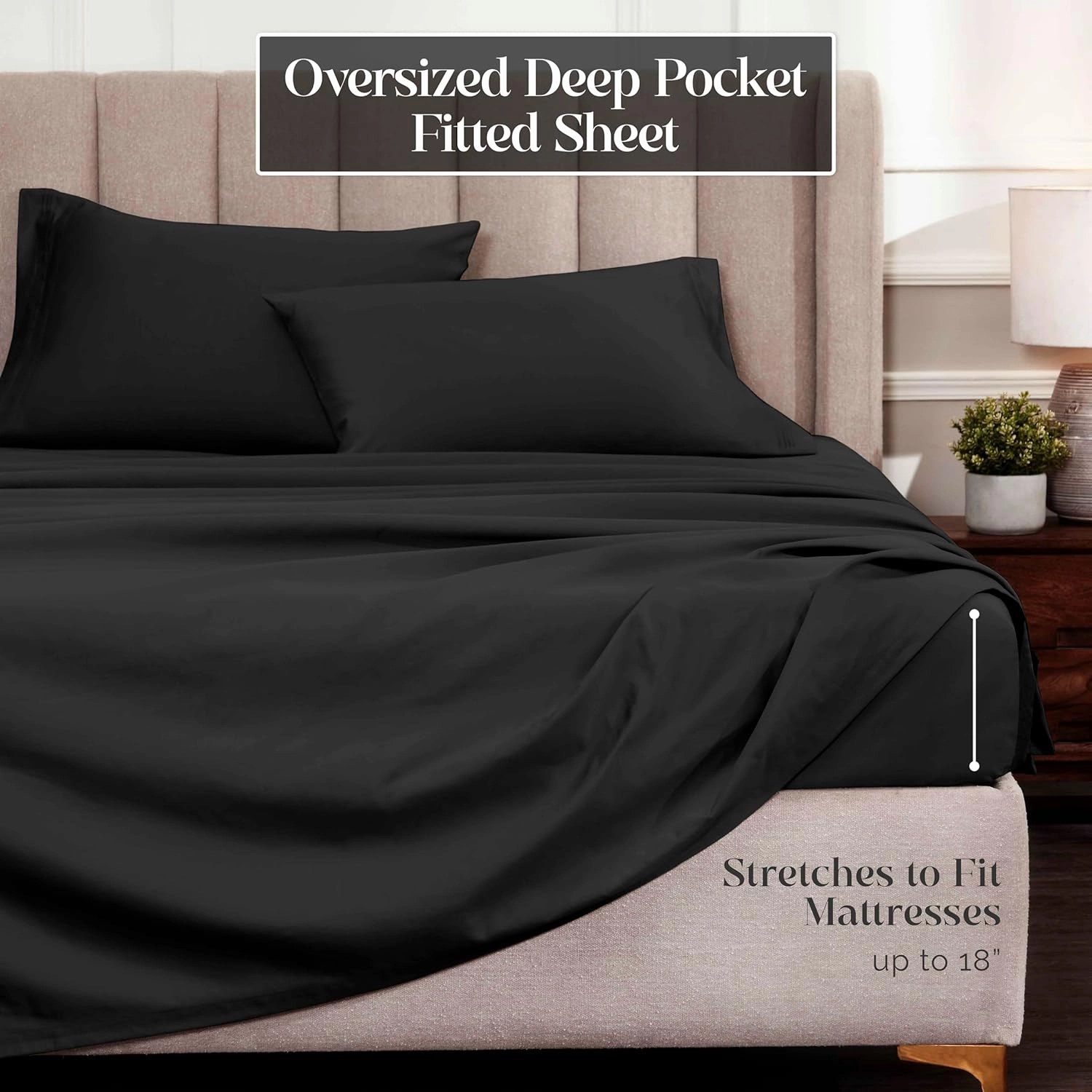 Superior Egyptian Cotton 4 Piece Sheet Set, Luxury 1500 Thread Count, Modern Design, Sustainable Sheets, Ultra-Soft Basics, Solid, Deep Pocket Fitted Sheet, Flat Sheet, Pillowcases, Queen, Black