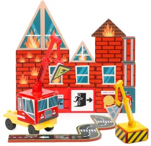 SYNCFUN 40PCS Magnetic City Rescue Set for Kids – Dual-Theme Construction & Firefighting Scenarios, Including Vehicles & Cranes, Educational STEM Toy for Boys & Girls Ages 3-5 4-8