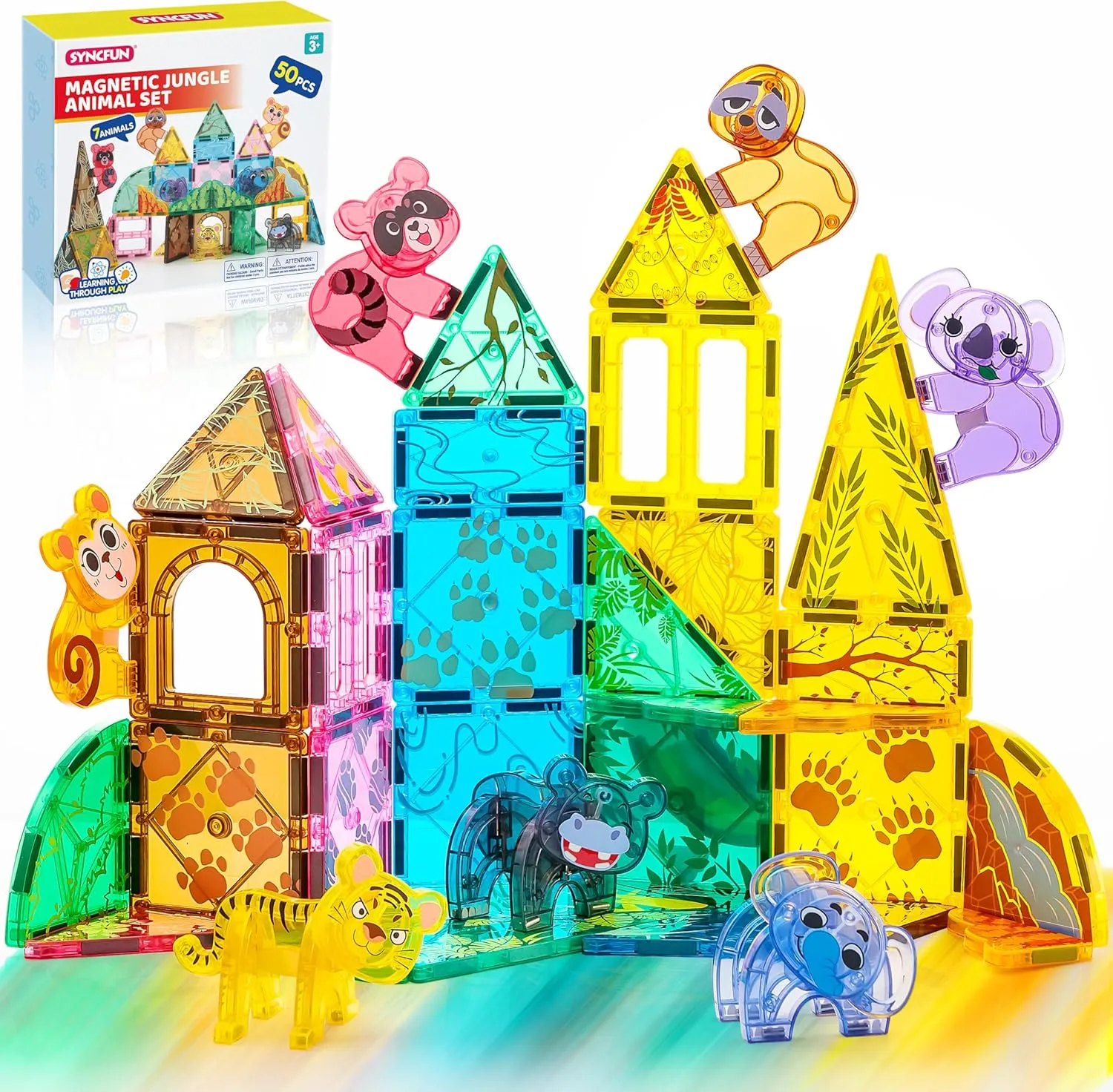 SYNCFUN Magnetic Building Tiles Jungle Animal Set for Kids, 50PCS Including 7 Cute Animals, Educational STEM Toy for Boys & Girls Ages 3-5 4-8, Christmas Birthday Party Gift for Toddlers