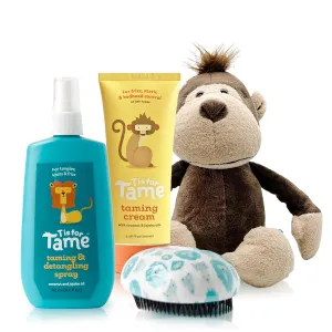 T is for Tame 4-in-1 - 100% Natural Hair Taming Kit with Detangler Spray & Leave in Cream for Bed Head, Frizz & Flyaways - Plus Adorable Plush Monkey that Entertains While Parents Tame Hair