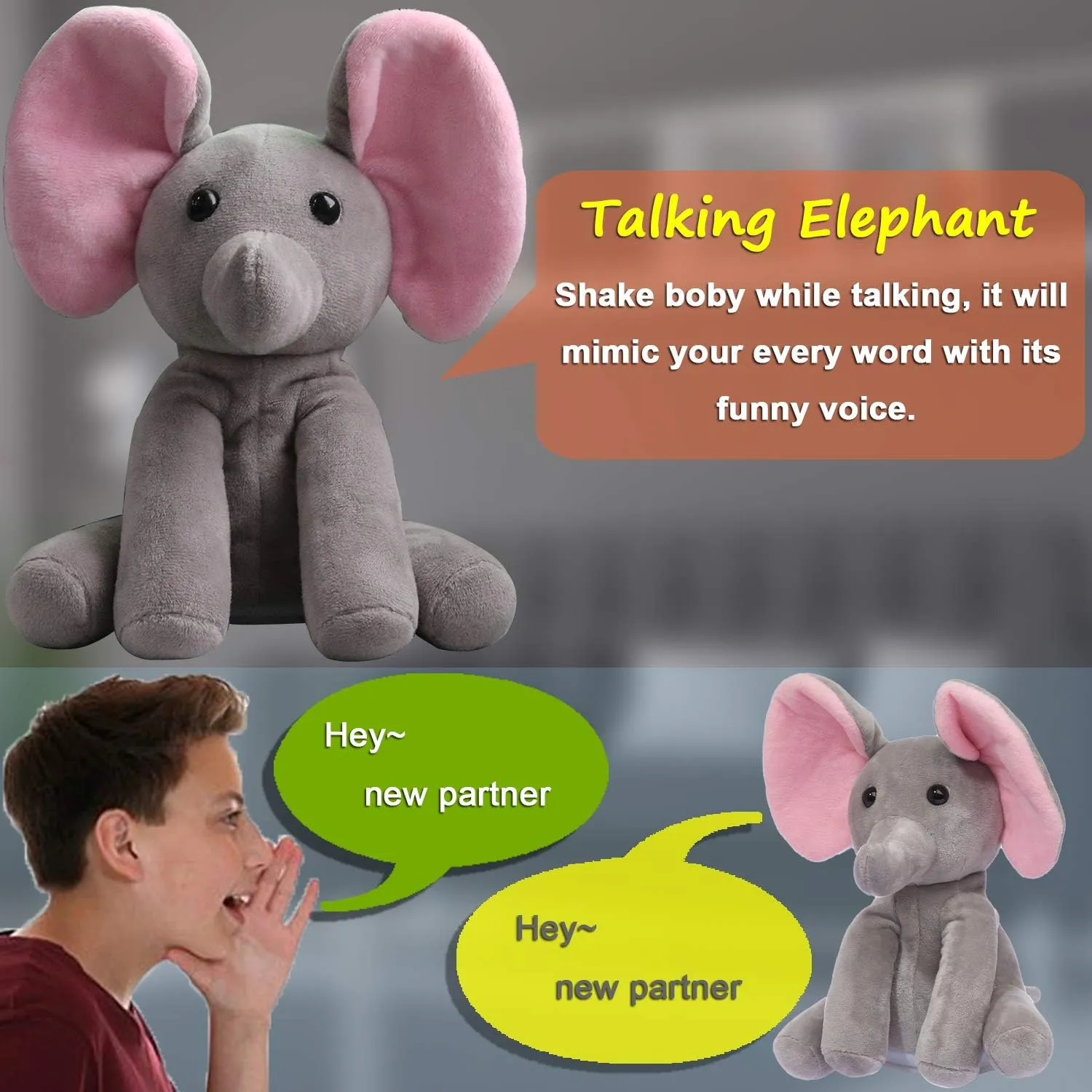 Talking Toy, Plush Elephant Cute Sound Effects with Repeats Your Said Voice, Best Buddy for Kids Gift