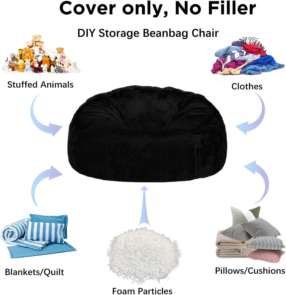 Taotique 6FT Giant Bean Bag Chair Cover (Cover only, No Filler) Soft Faux RH Fur Sofa Bed Washable Bean Bag Couch Cover for Adult and Kids with Liner