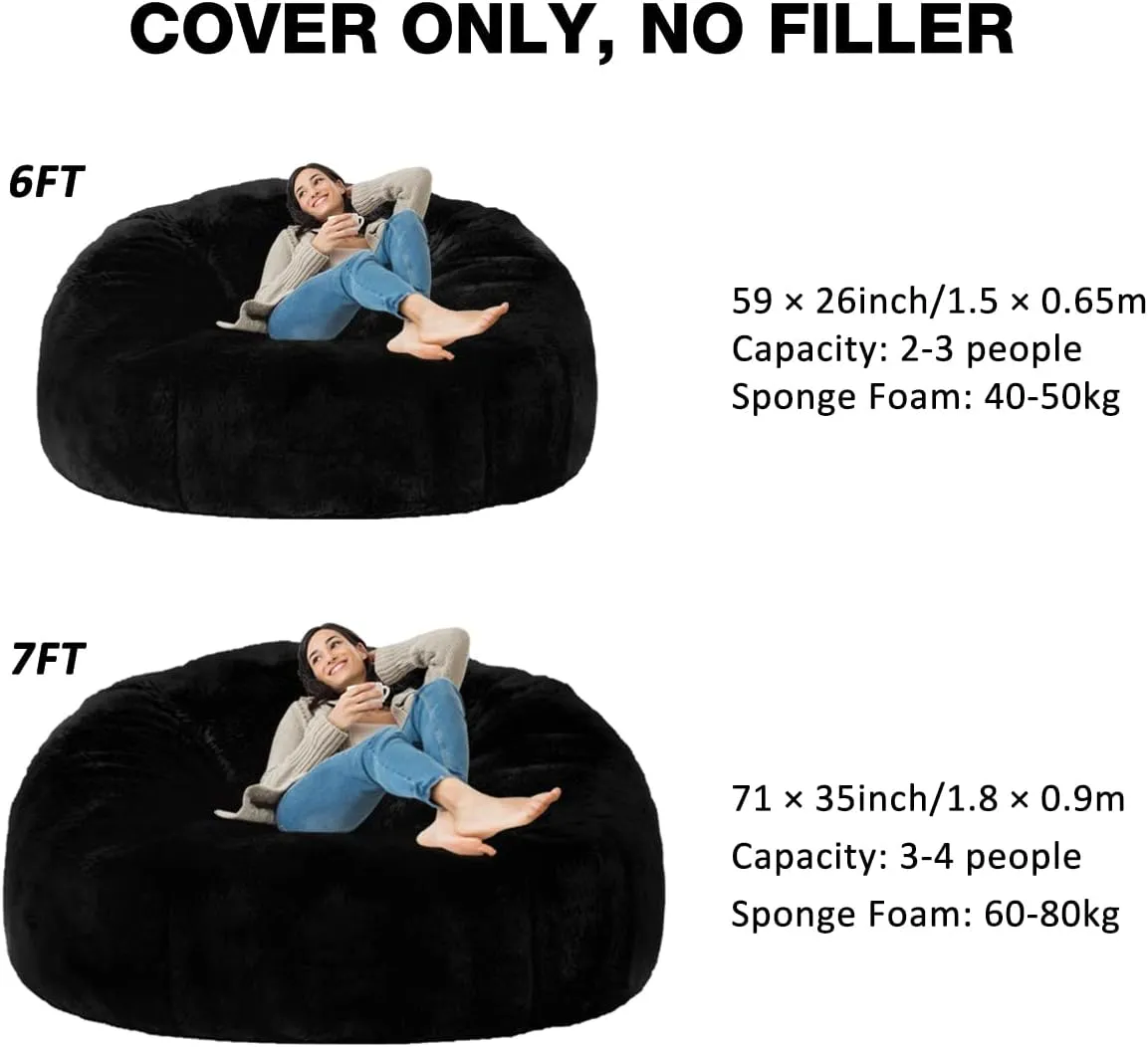 Taotique 6FT Giant Bean Bag Chair Cover (Cover only, No Filler) Soft Faux RH Fur Sofa Bed Washable Bean Bag Couch Cover for Adult and Kids with Liner