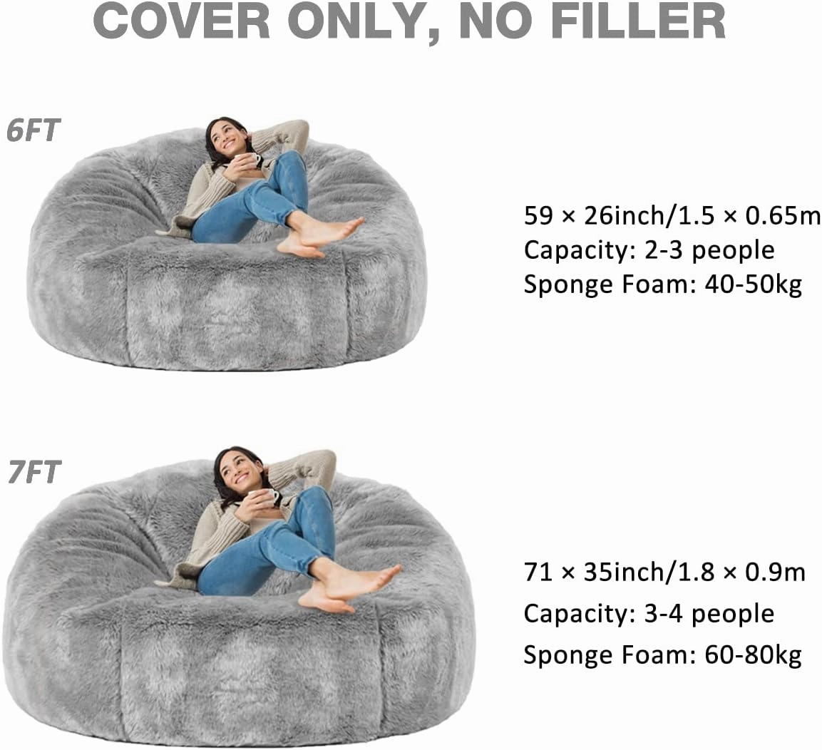 Taotique 6FT Giant Bean Bag Chair Cover (Cover only, No Filler) Soft Faux RH Fur Sofa Bed Washable Bean Bag Couch Cover for Adult and Kids with Liner